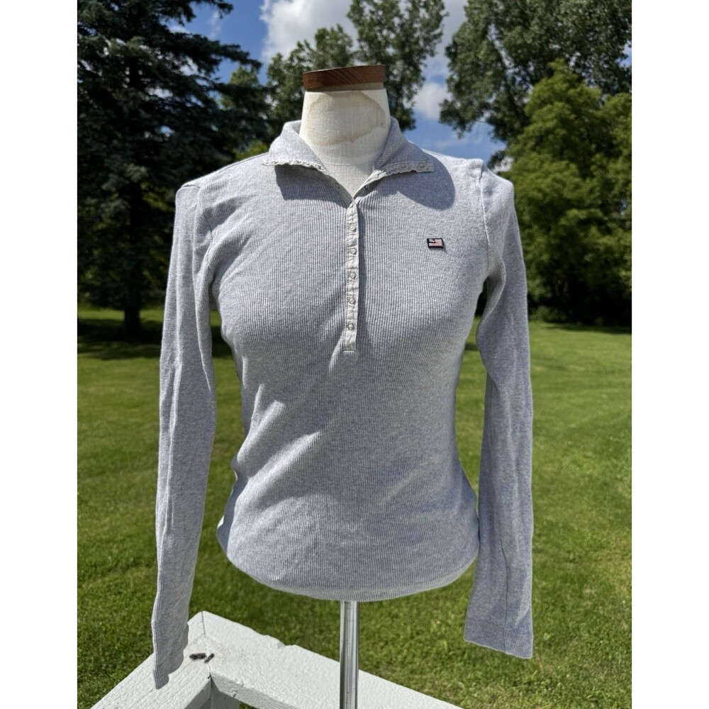 Vintage Polo Ralph Lauren Grey Long Sleeve Flag Logo Snap Henley Women’s Small